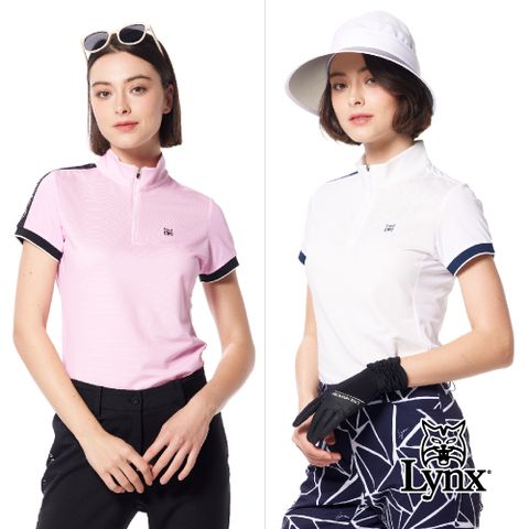 Lynx Golf 女款吸溼排汗配色羅紋袖異材質剪裁山貓膠標造型短袖立領POLO衫/高爾夫球衫(二色)