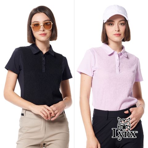 Lynx Golf 女款吸溼排汗兩袖網布剪裁滿版品牌印花山貓膠標長袖立領POLO衫/高爾夫球衫(二色)