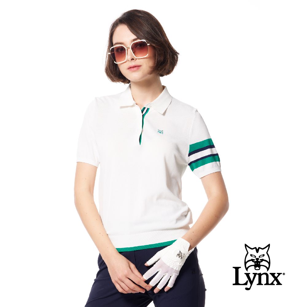 Lynx Golf 女款彈性舒適羅紋造型袖配色設計LOGO緹花工藝短袖POLO領毛衣(二色)