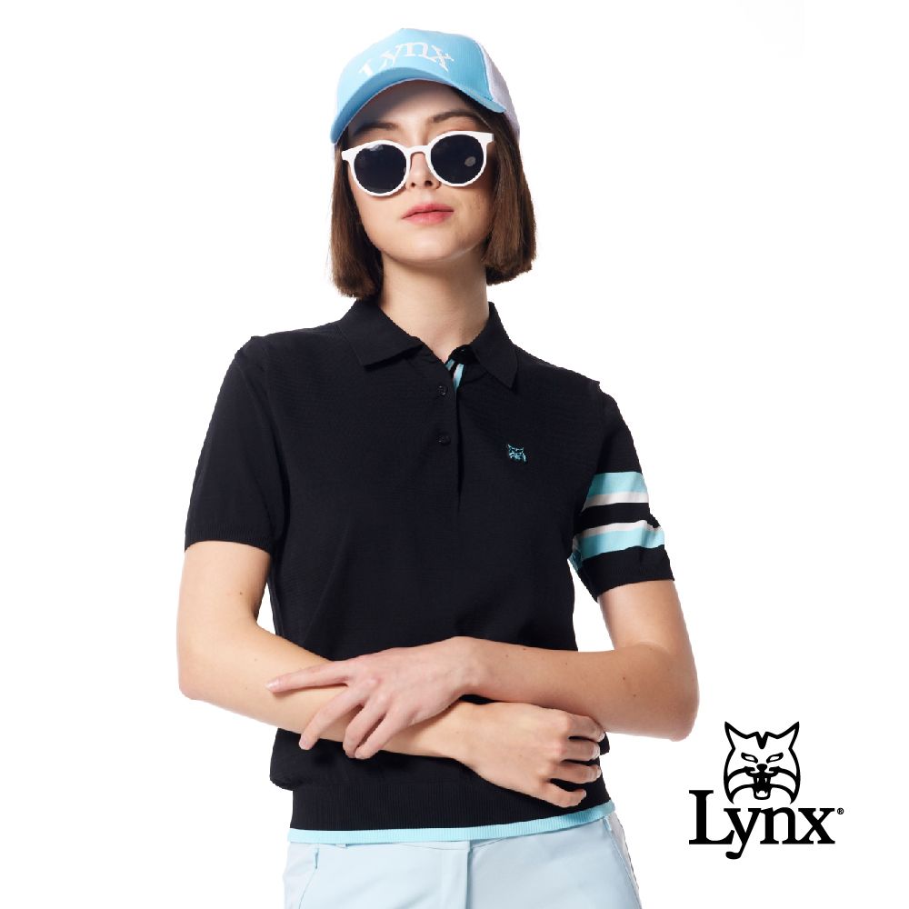 Lynx Golf 女款彈性舒適羅紋造型袖配色設計LOGO緹花工藝短袖POLO領毛衣(二色)