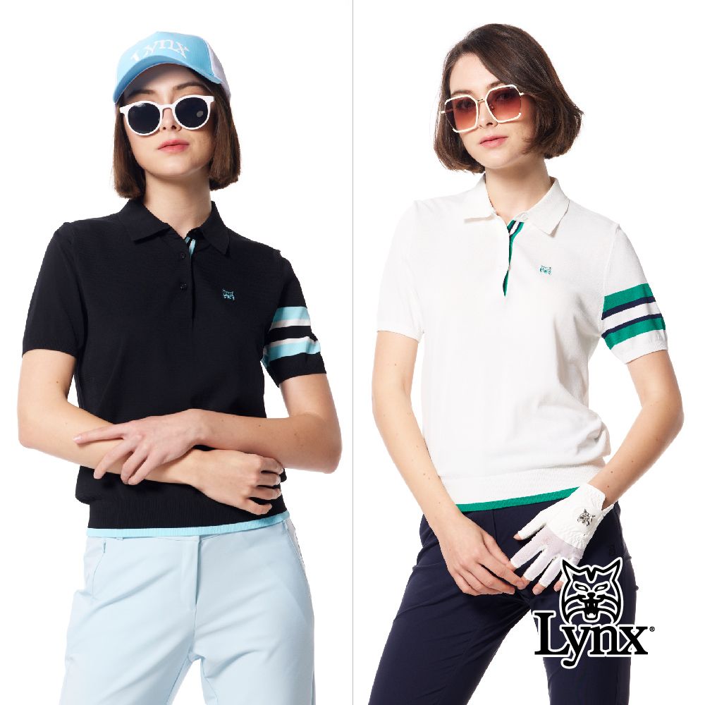 Lynx Golf 女款彈性舒適羅紋造型袖配色設計LOGO緹花工藝短袖POLO領毛衣(二色)