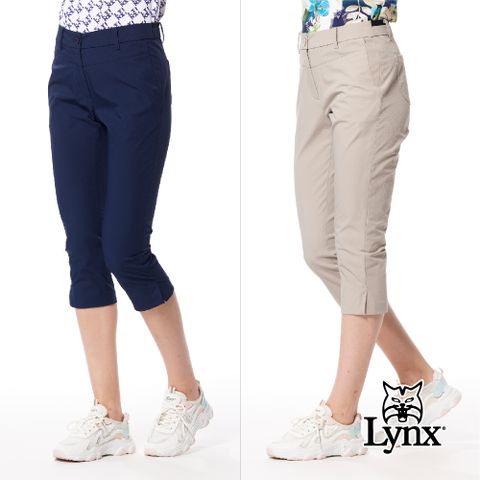 Lynx Golf 女款彈性舒適素面外觀剪接設計立體貼膜造型開杈款窄管七分褲(二色)