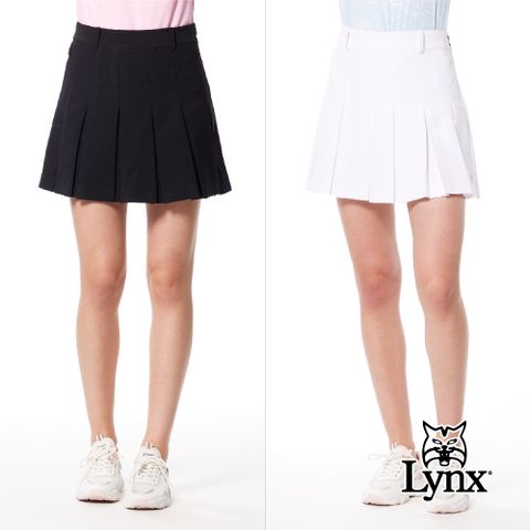 【Lynx Golf】女款彈性舒適百摺裙後腰LOGO織帶設計隱形拉鍊口袋山貓膠標運動短裙(二色)