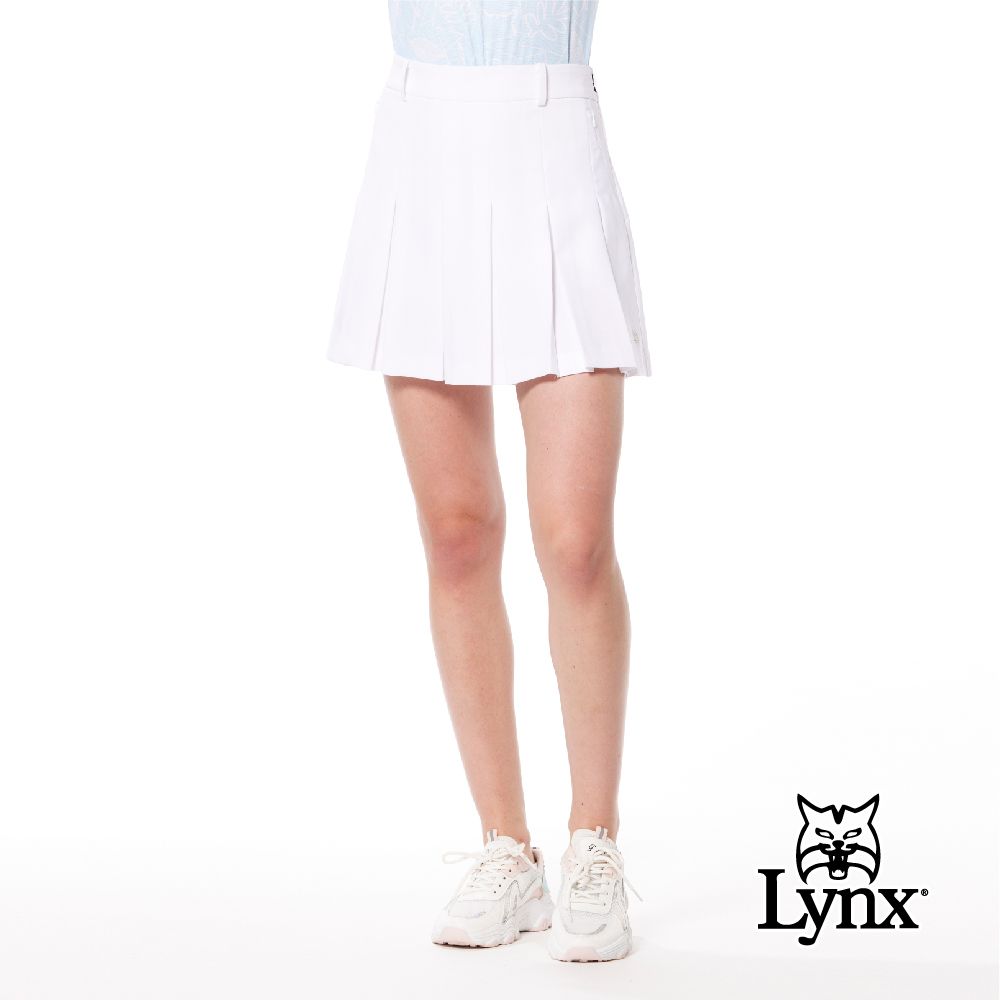 Lynx Golf 女款彈性舒適百摺裙後腰LOGO織帶設計隱形拉鍊口袋山貓膠標運動短裙(二色)