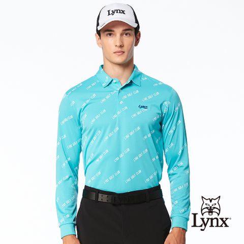 Lynx Golf 男款吸濕排汗抗UV機能滿版 Club字樣印花長袖POLO衫/高爾夫球衫-湖水綠色