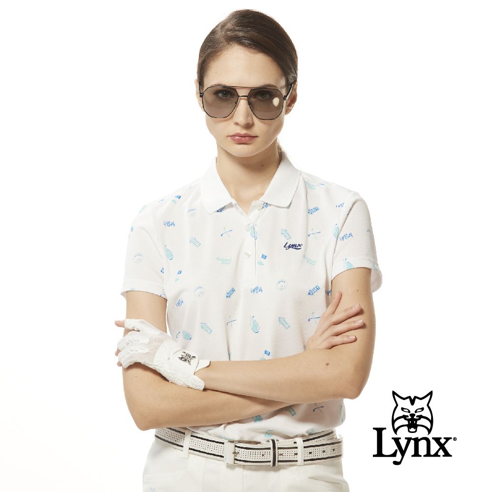 Lynx Golf 女款吸濕排汗機能網眼材質高爾夫圖樣Lynx草寫繡花短袖POLO衫/高爾夫球衫-白色