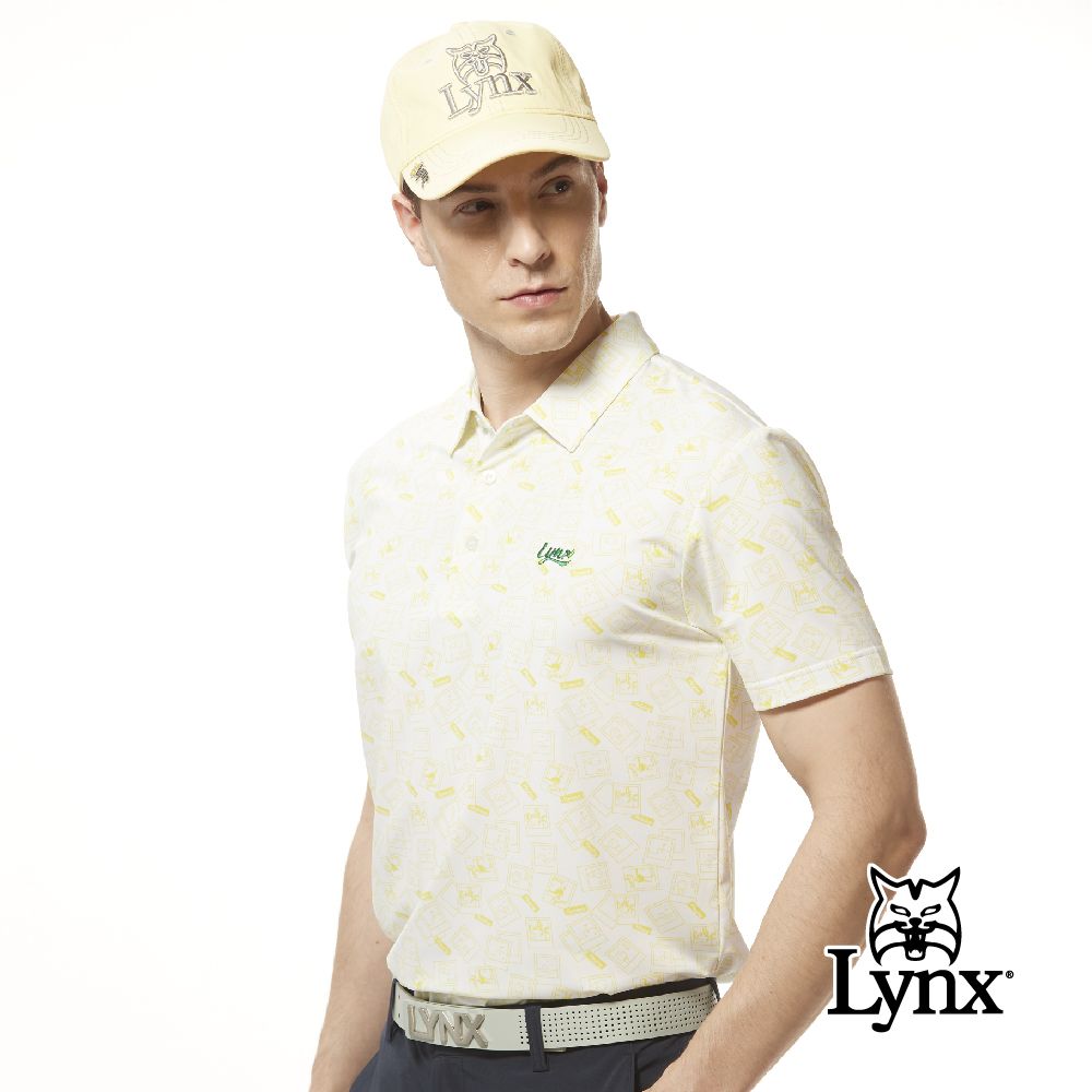 Lynx Golf 男款吸溼排汗機能高爾夫立可拍照片圖樣造型Lynx繡花短袖POLO衫/高爾夫球衫-白/黃色