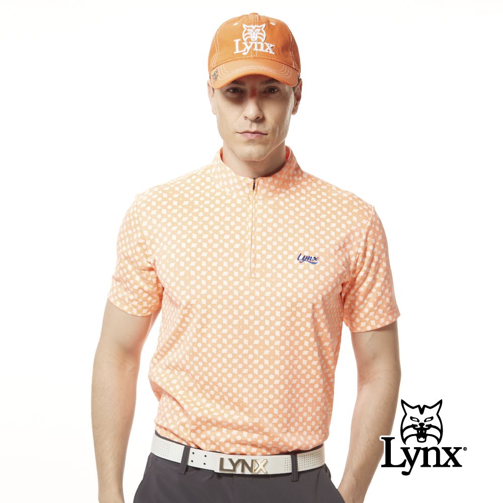 Lynx Golf 男款吸汗速乾機能滿版形狀造型印花Lynx字樣繡花短袖立領POLO衫/高爾夫球衫-螢光橘色