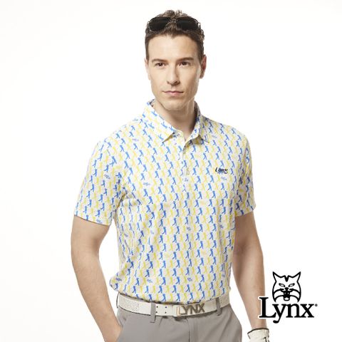 Lynx Golf 男款吸溼排汗機能滿版配色人物揮桿動作圖樣印花短袖POLO衫/高爾夫球衫-白色