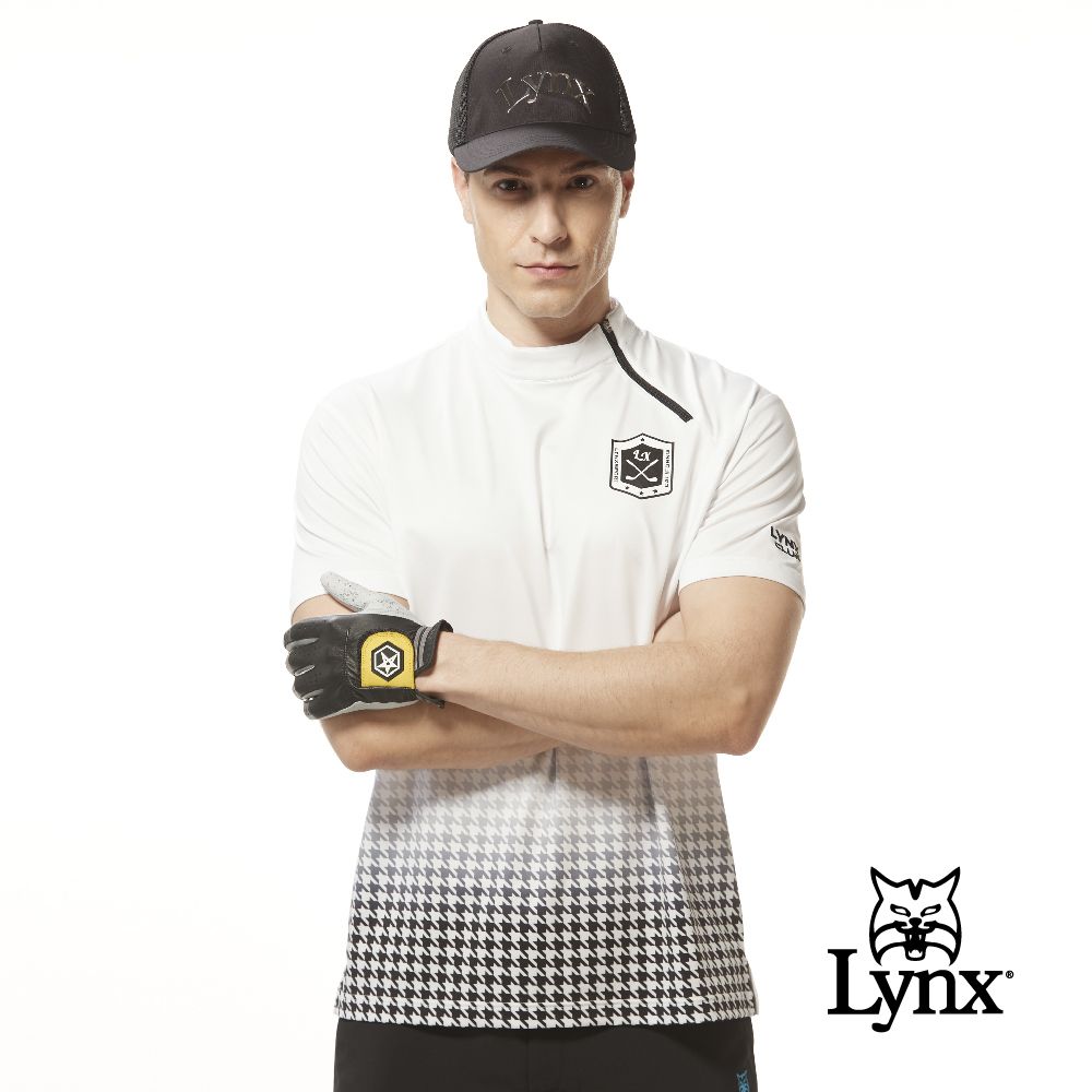 Lynx Golf 男款吸溼排汗機能側開拉鍊造型半身千鳥紋印花短袖POLO衫/高爾夫球衫-白色