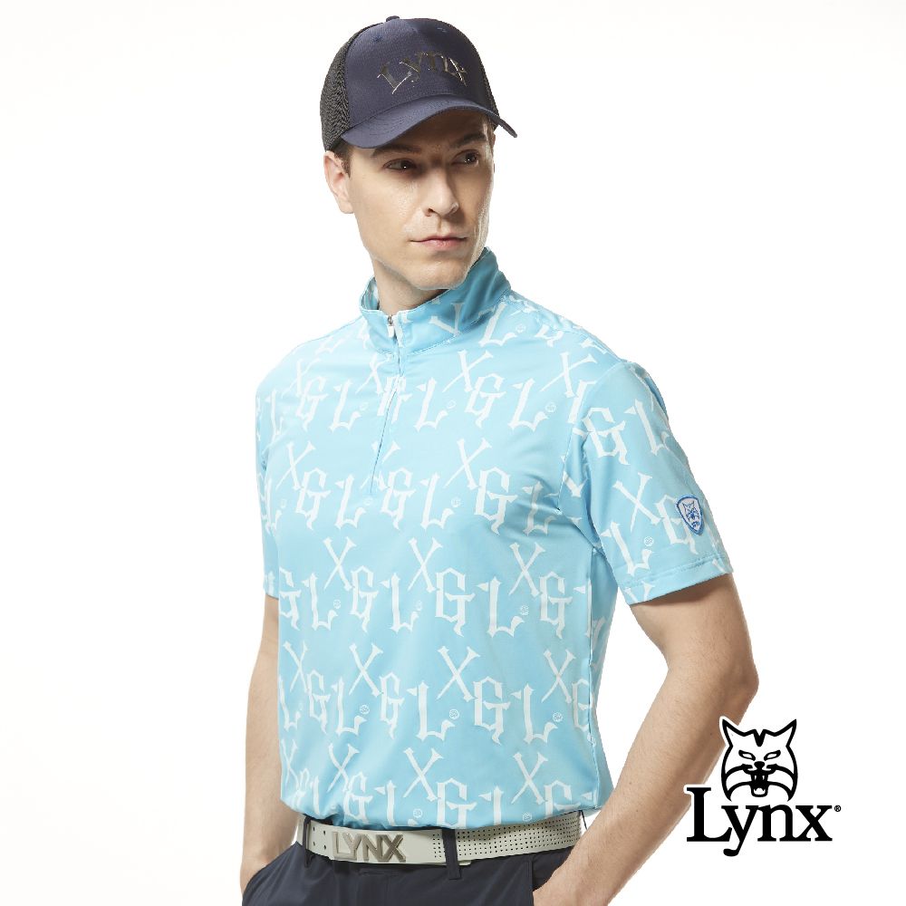 Lynx Golf 男款吸溼排汗機能滿版LXG字樣印花山貓織標短袖立領POLO衫/高爾夫球衫-水藍色