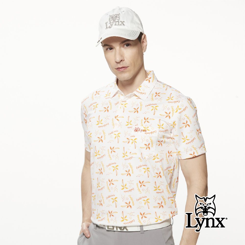 Lynx Golf 男款吸溼排汗機能滿版加州椰樹圖樣印花胸袋款短袖POLO衫/高爾夫球衫-白色