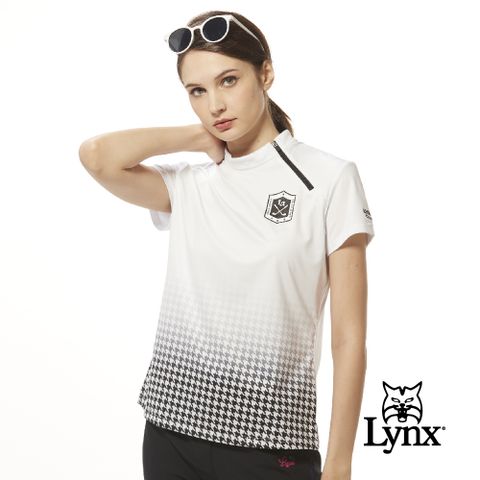 Lynx Golf 女款吸溼排汗機能側開拉鍊造型半身千鳥紋印花短袖POLO衫/高爾夫球衫-白色