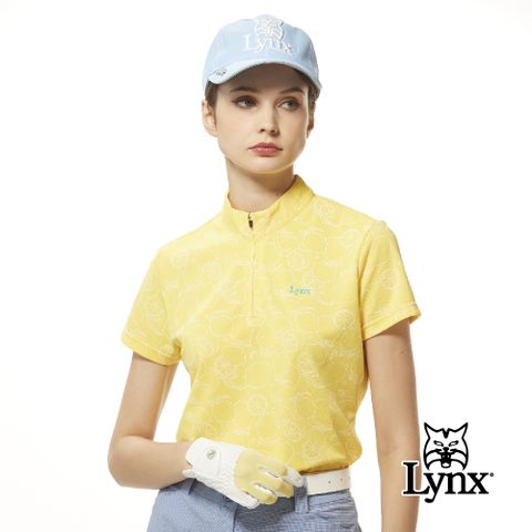 Lynx Golf 女款吸溼排汗機能網眼材質滿版檸檬圖樣印花短袖立領POLO衫/高爾夫球衫-黃色