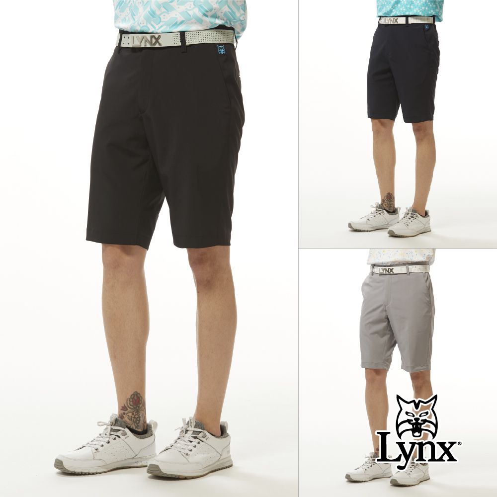 Lynx Golf 男款四面彈性布料材質基本款素面造型山貓繡花平口休閒短褲(三色)