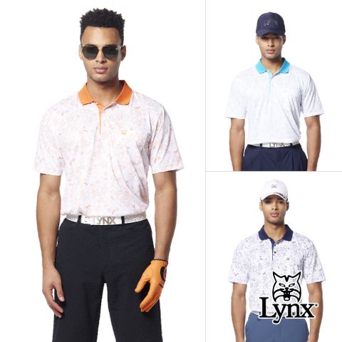 【Lynx Golf】男款吸溼排汗機能織紋布材質滿版扶桑花造型胸袋款短袖POLO衫/高爾夫球衫(三色)