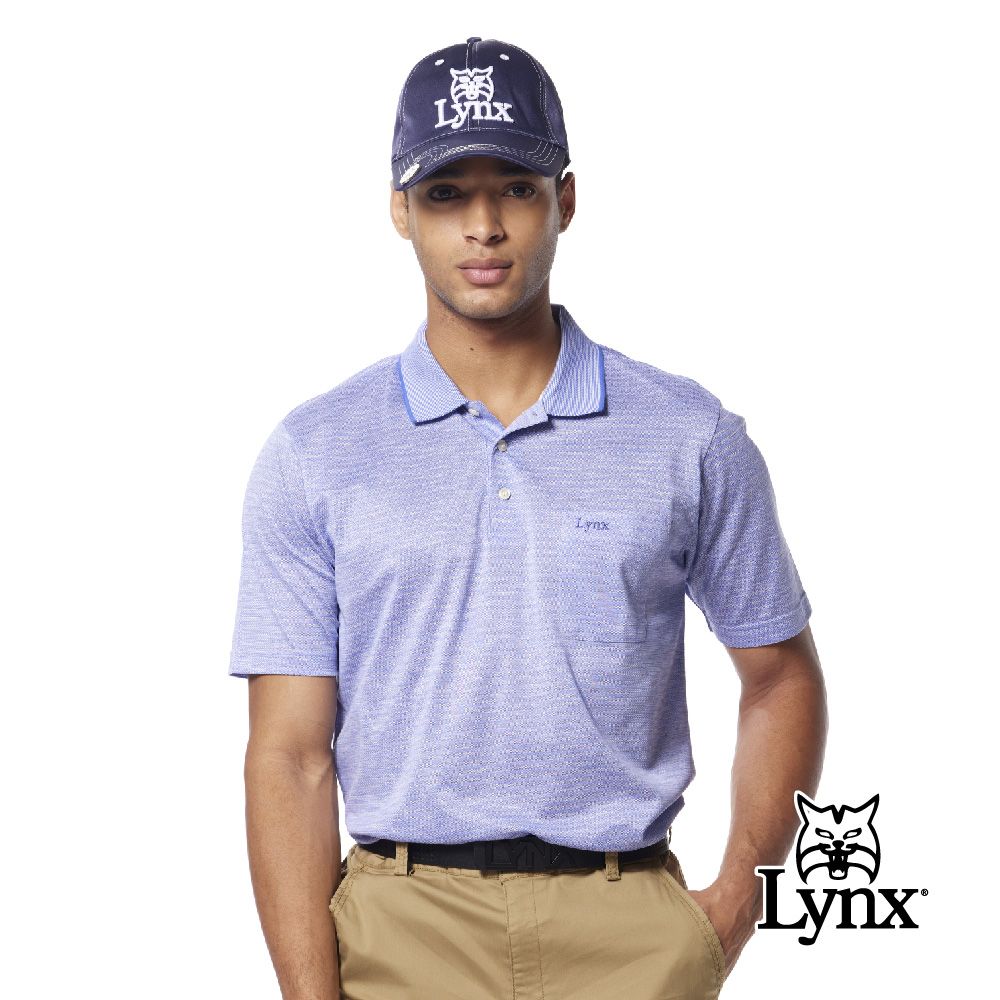 Lynx Golf 男款歐洲進口絲光緹花面料素面條紋造型胸袋款短袖POLO衫-藍色