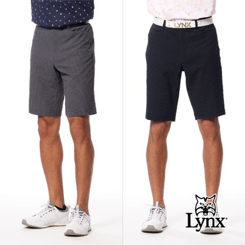 Lynx Golf 男款日本進口面料泡泡布造型透氣舒適經典格紋後袋山貓繡花平口休閒短褲(二色)