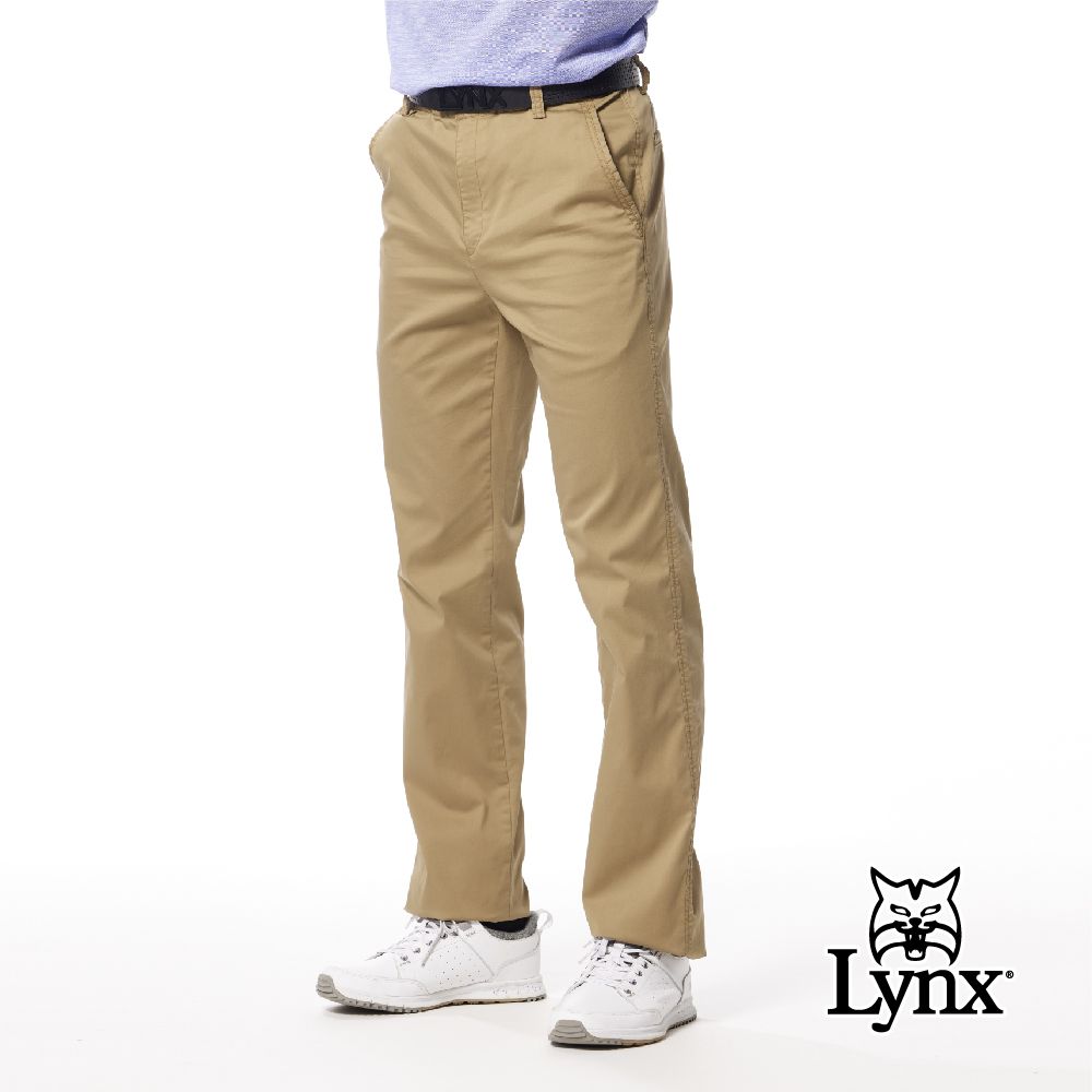 Lynx Golf 男款彈性舒適百搭大地色系混紡材質素面款式平面休閒長褲-卡其色