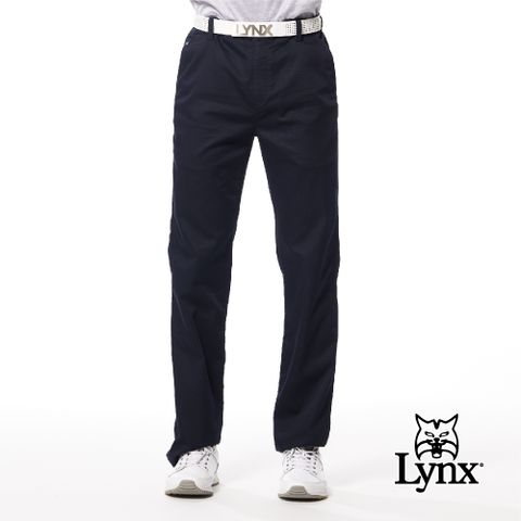 Lynx Golf 男款彈性舒適混紡材質布料暗紋造型素面款式Lynx繡花平面休閒長褲-深藍色