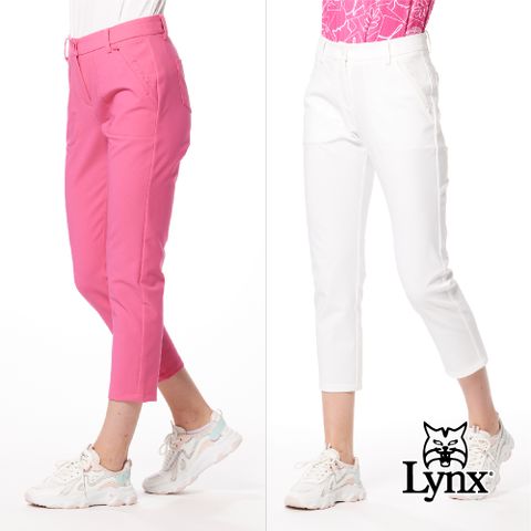 Lynx Golf 女款彈性舒適貼袋造型後腰LOGO針織帶剪接設計隱形拉鍊口袋窄管九分褲(二色)