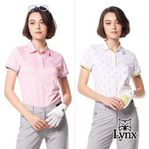 Lynx Golf 女款吸溼排汗機能水波紋布料滿版小三角印花山貓膠標開杈款短袖POLO衫/高爾夫球衫(二色)