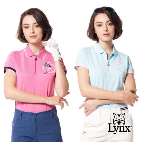 Lynx Golf 女款吸排抗UV機能材質精美領袖口剪接羅紋造型帆船繡花短袖立領POLO衫/高爾夫球衫(二色)