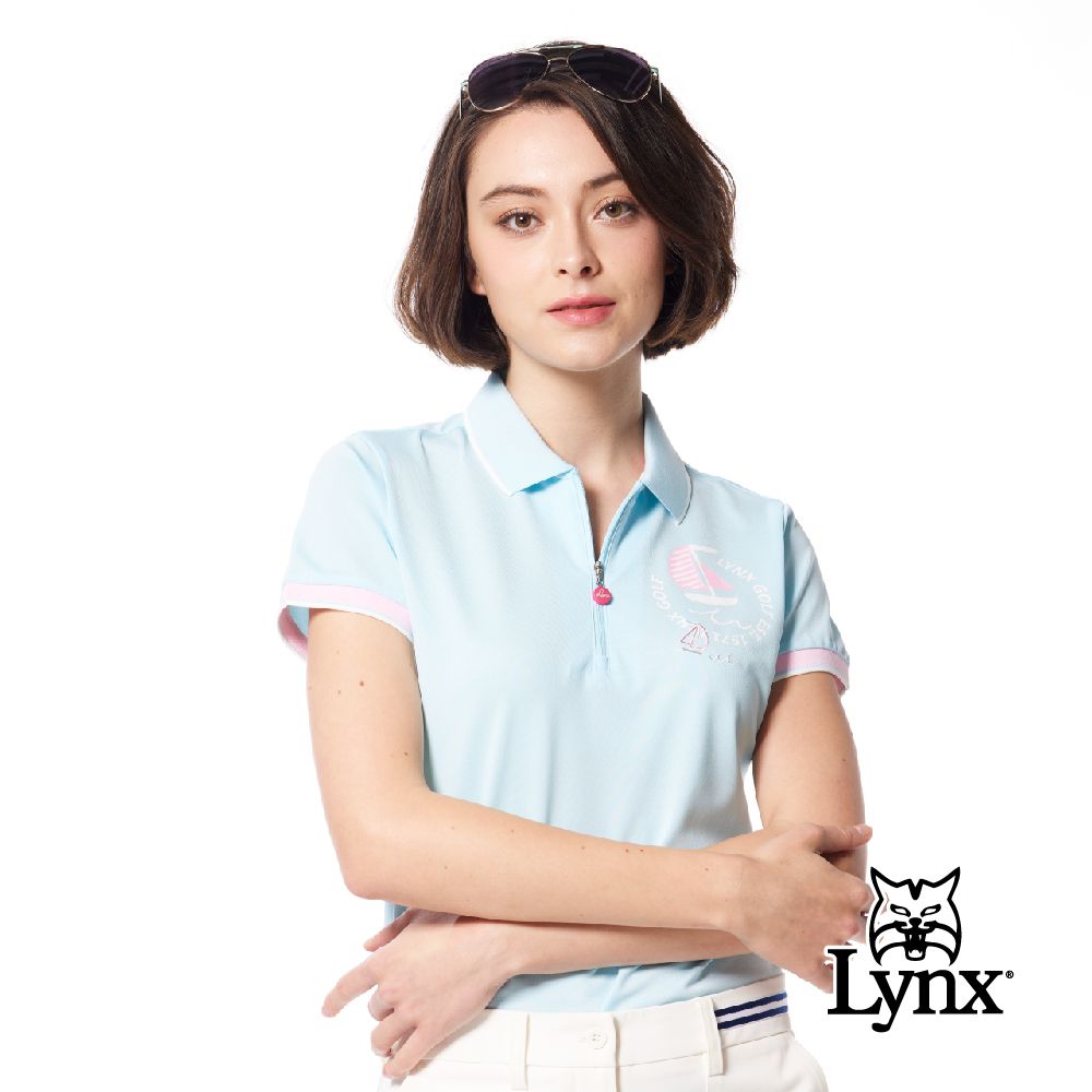 Lynx Golf 女款吸排抗UV機能材質精美領袖口剪接羅紋造型帆船繡花短袖立領POLO衫/高爾夫球衫(二色)