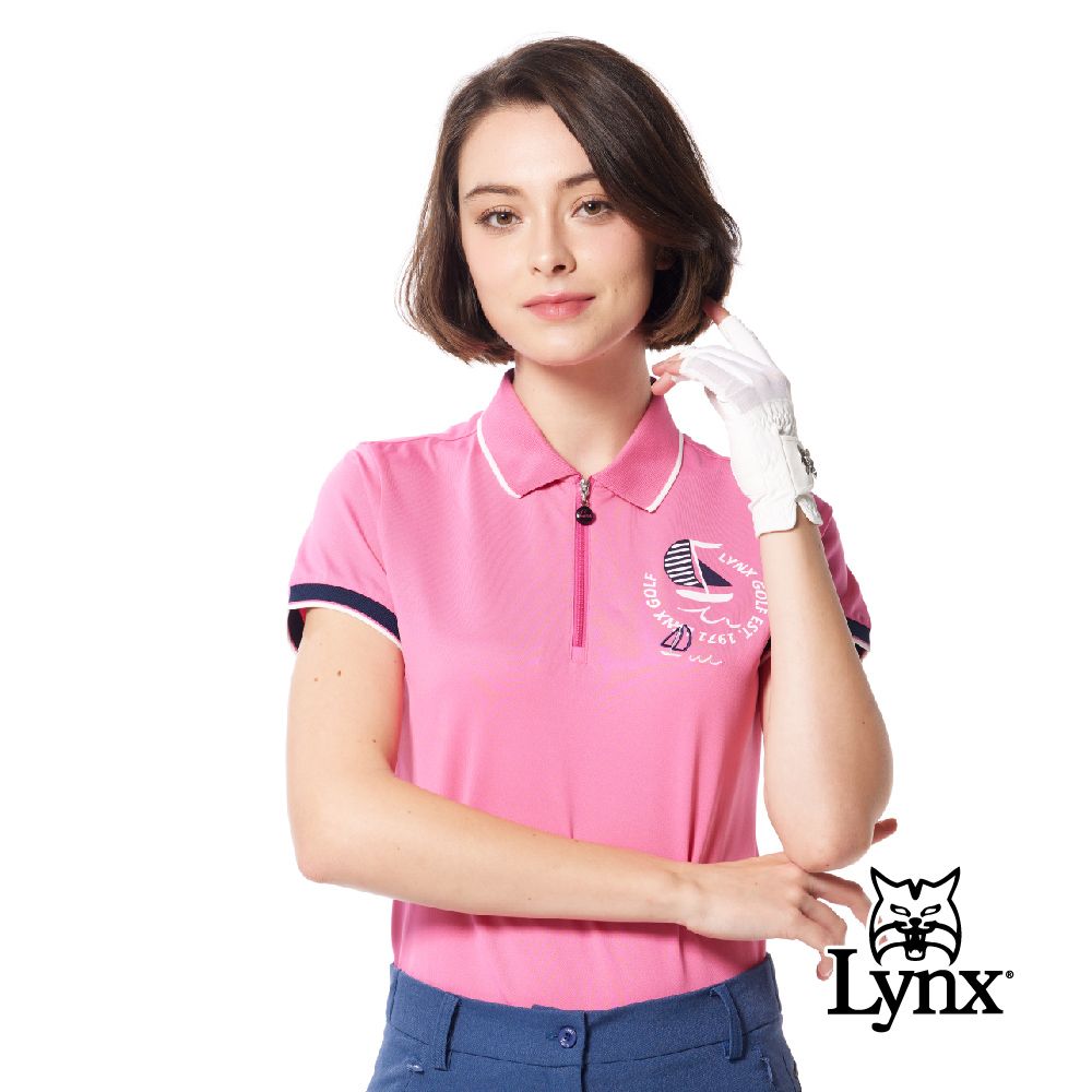 Lynx Golf 女款吸排抗UV機能材質精美領袖口剪接羅紋造型帆船繡花短袖立領POLO衫/高爾夫球衫(二色)