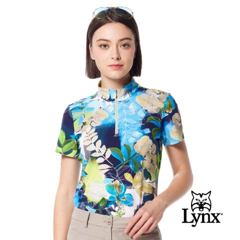 Lynx Golf 女款歐洲進口布料柔軟舒適滿版葉子圖樣印花短袖立領POLO衫-紫色