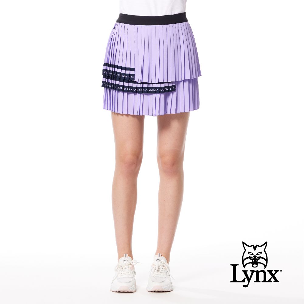 Lynx Golf 首爾高桿風格女款LOGO織帶剪接後腰百摺裙擺印花造型活動小包設計運動褲裙(二色)