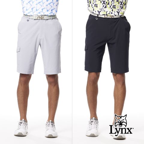 Lynx Golf 男款防潑水彈性舒適Lynx字樣印花三色織帶剪接造型側袋設計平口休閒短褲(二色)