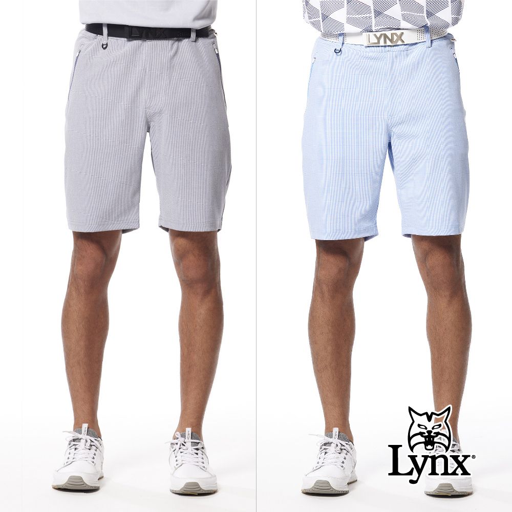 Lynx Golf 男款彈性舒適經典細格紋路後腰LOGO織帶剪接拉鍊口袋造型平口休閒短褲(二色)