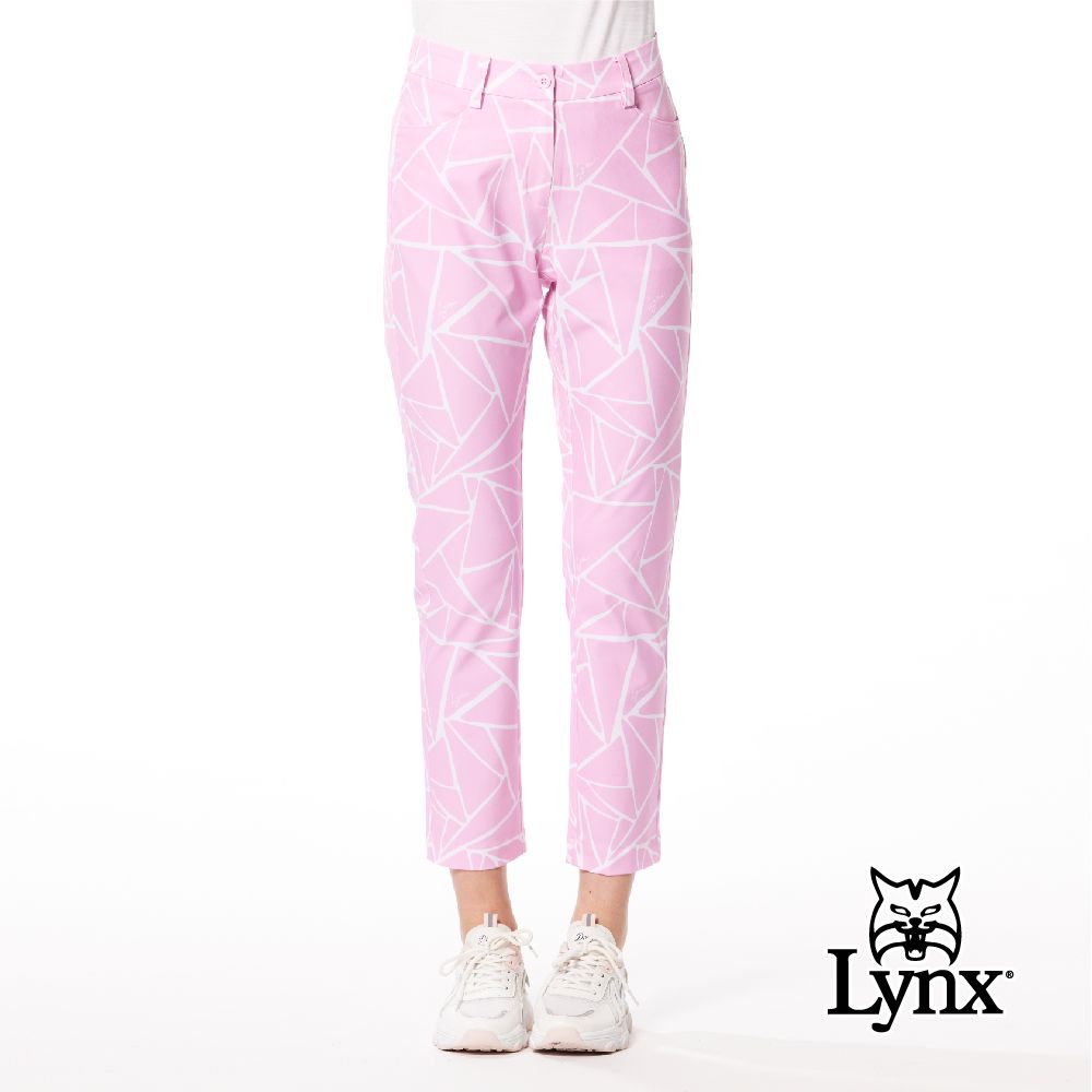 Lynx Golf 女款吸溼排汗機能滿版線條塗鴉造型字樣膠標窄管九分褲(二色)