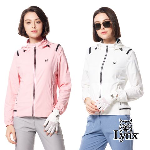 Lynx Golf 女款吸溼排汗機能羅紋配條造型山貓膠標拉鍊口袋可拆式連帽長袖外套(二色)