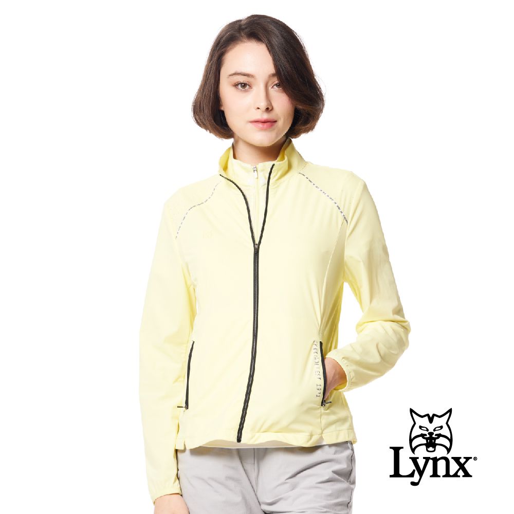 Lynx Golf 女款彈性舒適沖孔配布後腰剪接針織帶造型拉鍊口袋長袖外套(二色)