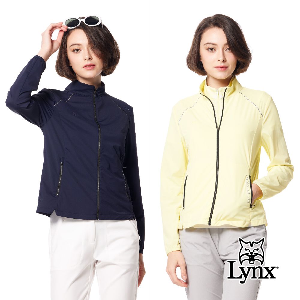 Lynx Golf 女款彈性舒適沖孔配布後腰剪接針織帶造型拉鍊口袋長袖外套(二色)