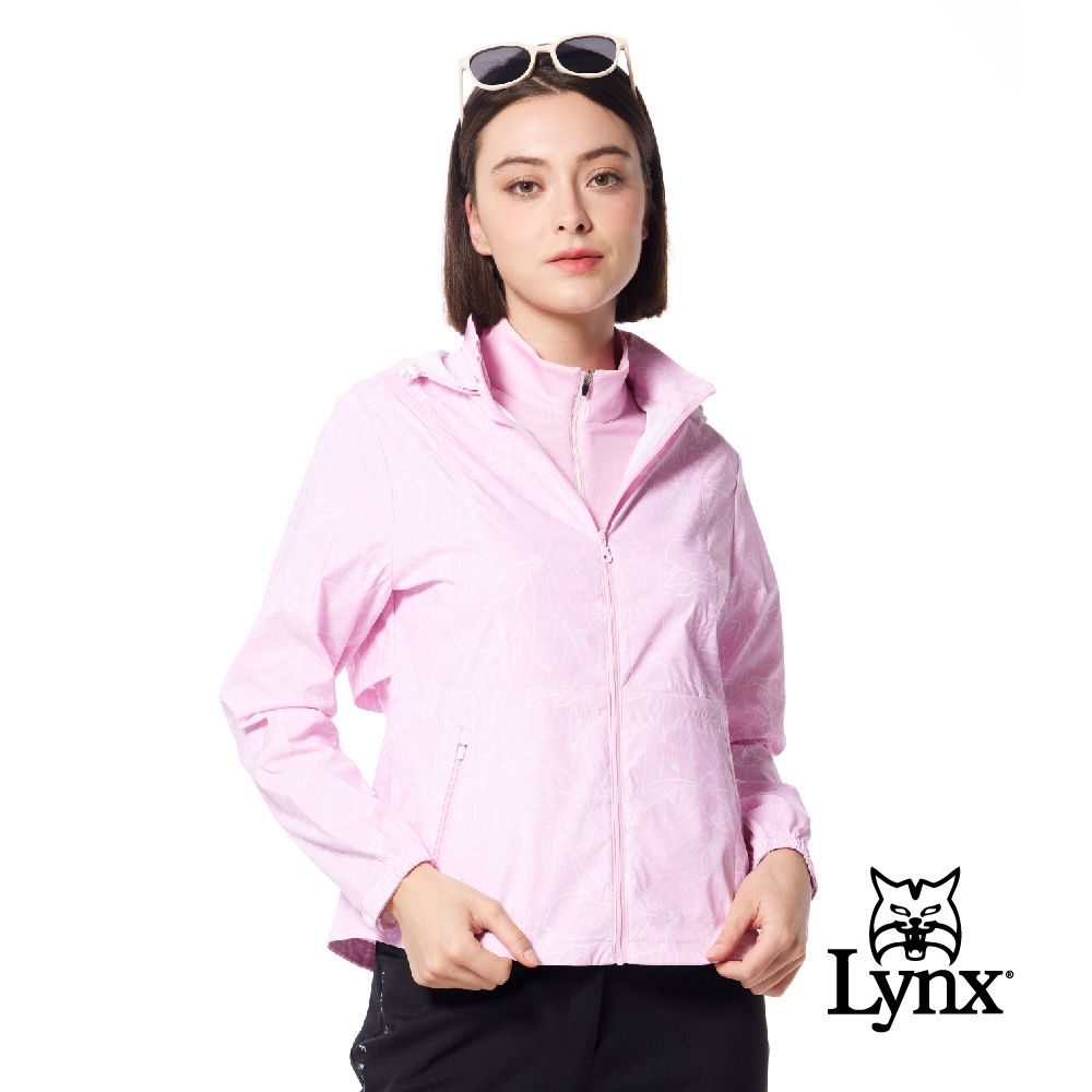 Lynx Golf 女款防撥水抗UV機能滿版花草印花風格拉鍊口袋可拆式連帽長袖外套(二色)