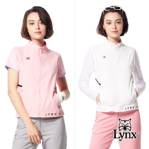 Lynx Golf 女款吸溼排汗機能織帶剪接設計後背山貓沖孔配布造型無袖背心(二色)