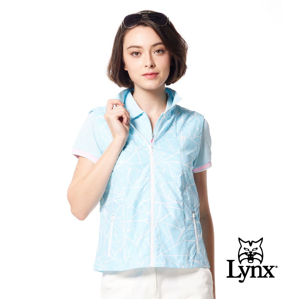 Lynx Golf 女款滿版不規則三角形印花腰圍可調山貓膠標拉鍊口袋無袖背心(二色)