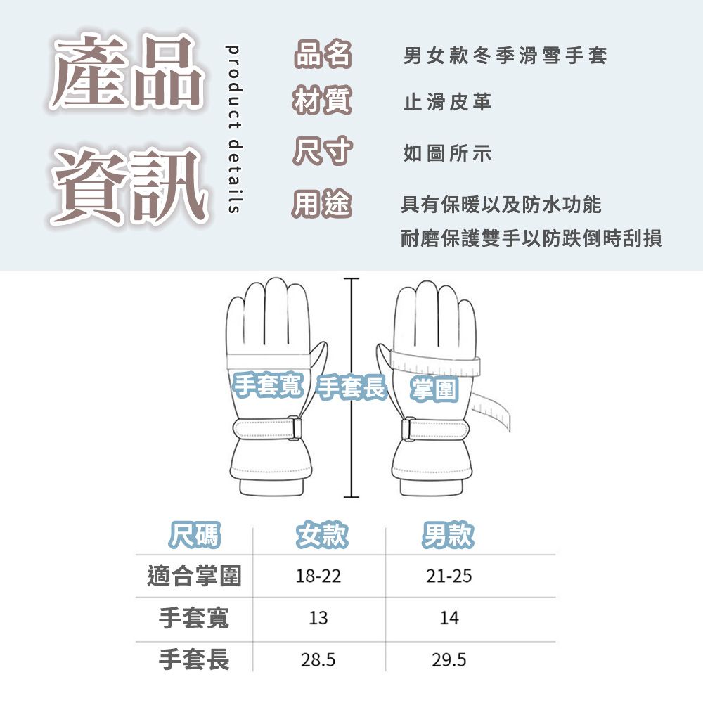 產品資訊product details品名男女款冬季滑雪手套粉質止滑皮革尺寸如圖所示用途具有保暖以及防水功能耐磨保護雙手以防跌倒時刮損「手套 手套長掌圍尺碼女款男款適合掌圍18-2221-25手套寬1314手套長28.529.5
