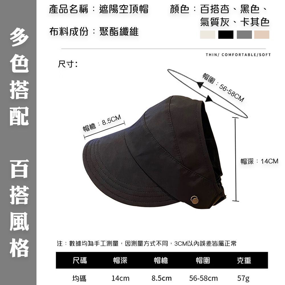 藻土屋 網紅百搭輕薄防潑水小臉防曬空頂遮陽帽-H
