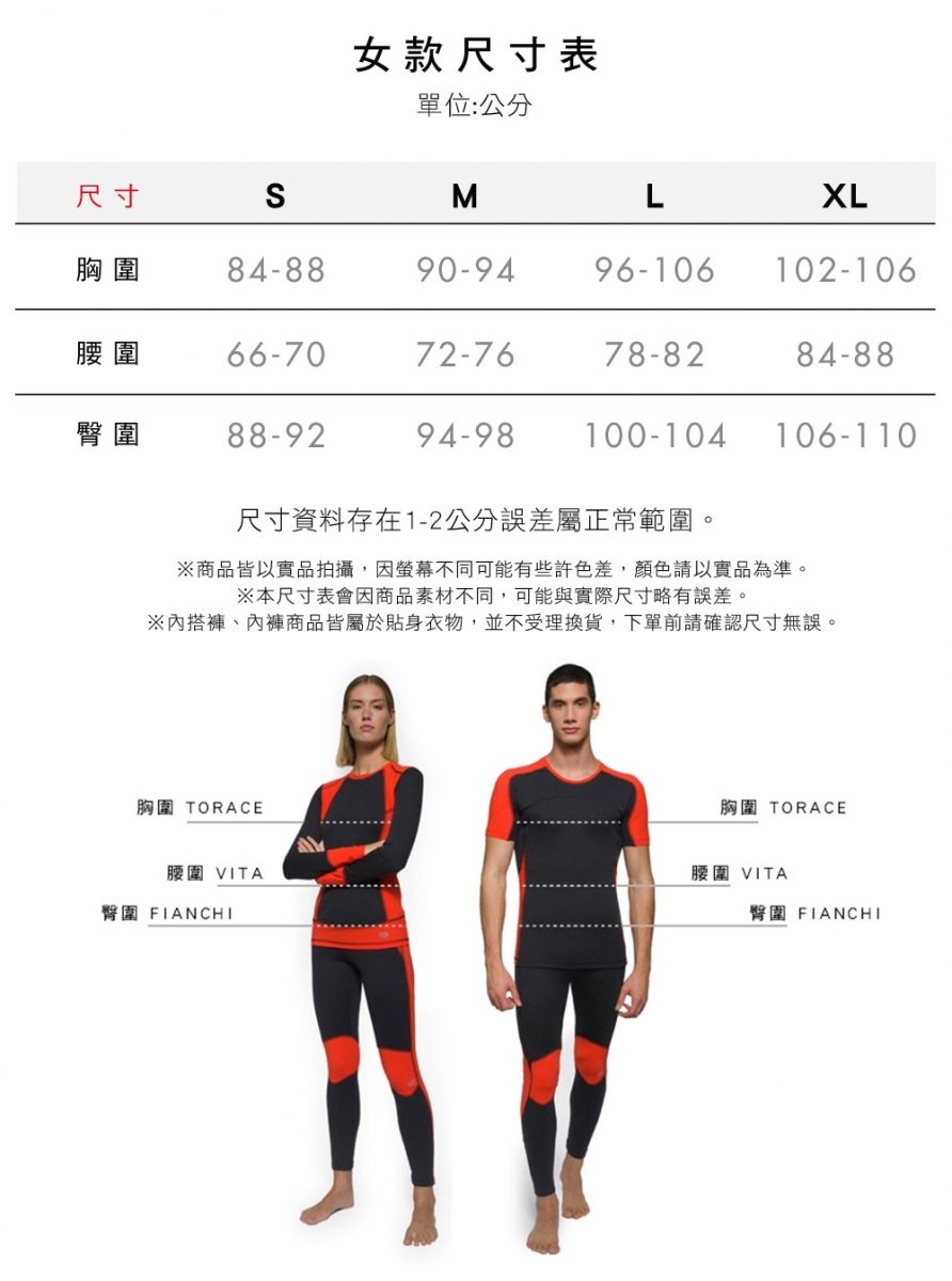 女款尺寸表單位:公分尺寸MLXL胸圍84-8890-9496-106102-106腰圍66-7072-7678-8284-88臀圍88-9294-98100-104106-110尺寸資料存在1-2公分誤差屬正常範圍。※商品皆以實品拍攝,因不同可能有些許色差,顏色請以實品為準。※本尺寸表會因商品素材不同,可能與實際尺寸略有誤差。※內搭、內褲商品皆屬於貼身衣物,並不受理換貨,下單前請確認尺寸無誤。胸圍 TORACE腰圍 VITA臀圍 FIANCHI胸圍 TORACE腰圍 VITA臀圍 FIANCHI