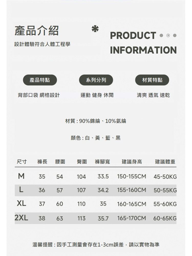 產品介紹設計體驗符合人體工程學PRODUCTINFORMATION產品特點系列分列材質特點背部口袋 網格設計運動 健身 休閒清爽 透氣 速乾材質:90%錦綸、10%氨綸顏色:白、黃、藍、黑尺寸褲長 腰圍臀圍 褲腳寬 建議身高 建議體重M355410433.5 150-155CM 45-50KGLXL365710734.2 155-160CM 50-55KG376011035160-165CM 55-60KG2XL 386311335.7 165-170CM 60-65KG溫馨提醒:因手工測量會存在1-3cm誤差,請以實物為準