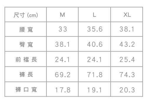 尺寸(cm)MLXL腰寬3335.638.1臀寬38.140.643.2前長24.124.125.4褲 長69.271.874.3褲口寬17.819.120.3