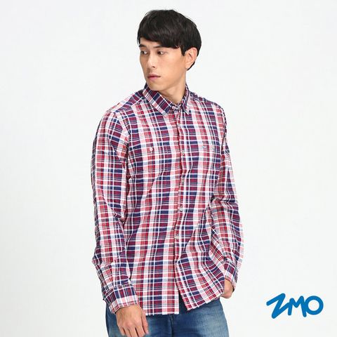 ZMO男吸濕排汗長袖格紋襯衫HG379-藍紅格