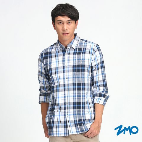ZMO男吸濕排汗長袖格紋襯衫HG379-藍白格
