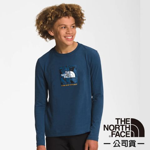 The North Face 北面 童新款 Graphic Tee 透氣純棉圓領印花長袖T恤.休閒衫.運動上衣/彈性柔軟.親膚質感/7WOL-HDC 蔭藍