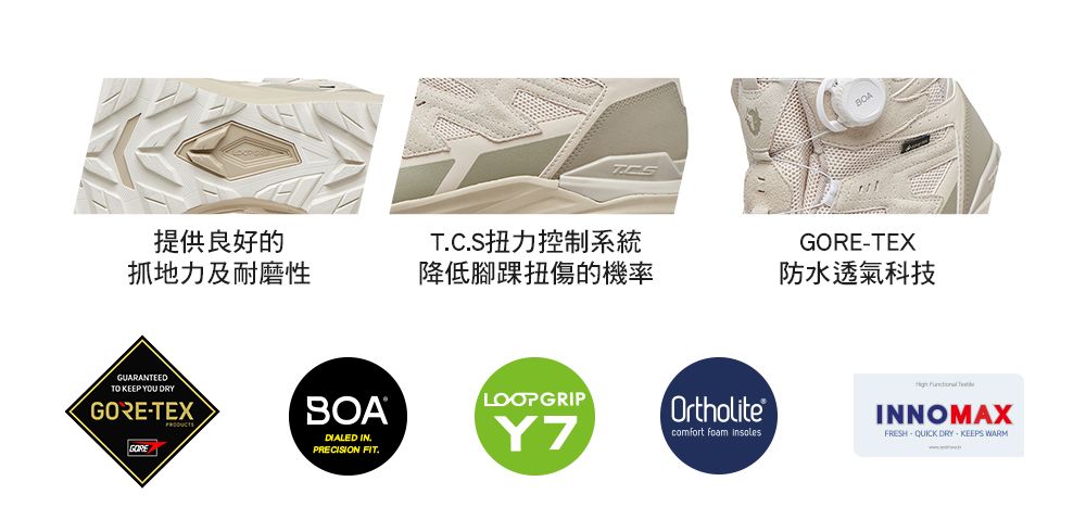 提供良好的CS扭力控制系統抓地力及耐磨性降低腳踝扭傷的機率GUARANTEEDTO KEEP YOU DRYTEXGOREBOADIALED IN.PRECISION FIT.LOOPGRIPY7Ortholitecomfort foam insolesGORE-TEX防水透氣科技  TINNOMAXFRESH - QUICK DRY-KEEPS WARM