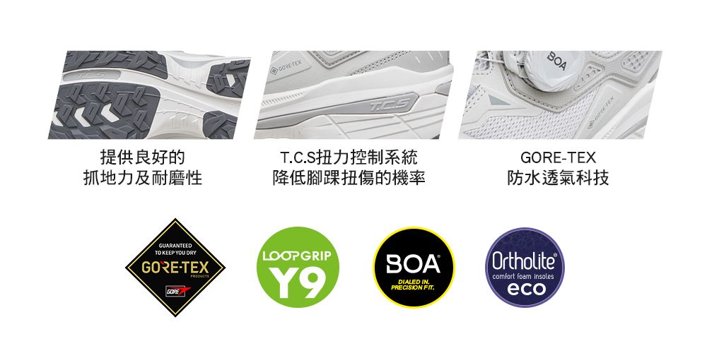 TEX提供良好的抓地力及耐磨性TCS扭力控制系統降低腳踝扭傷的機率SOAGORE-TEX防水透氣科技GUARANTEEDTO KEEP YOU DRYGORE-TEXGORELOOPGRIPY9BOADIALED IN.PRECISION FIT.Ortholitecomfort foam eco